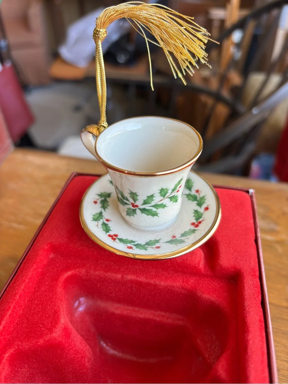 Lenox White Teacup Ornament with Green Holly and Gold Accents